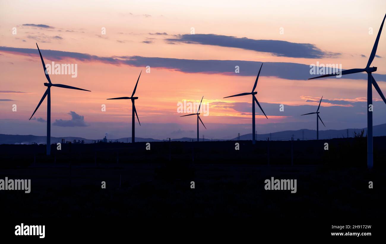 Silhouette photo of wind farm and turbines at sunset. Clean and green ...