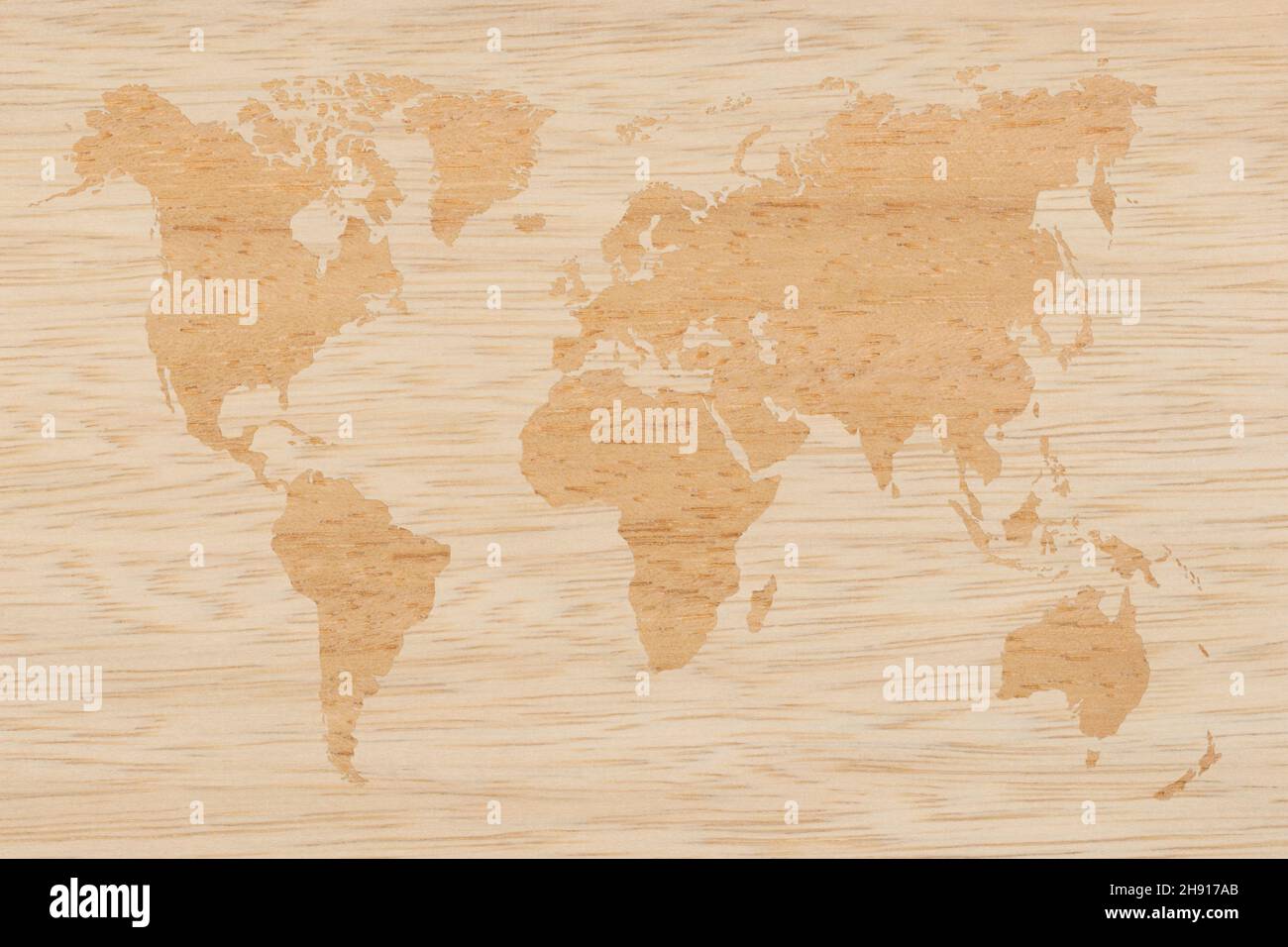 Bright World Map on two types wooden texture background. Stock Photo