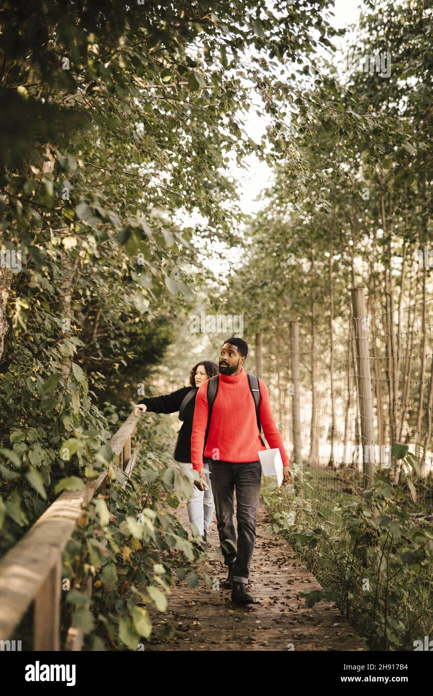 Woman pointing at plants while walking with boyfriend in forest Stock Photo