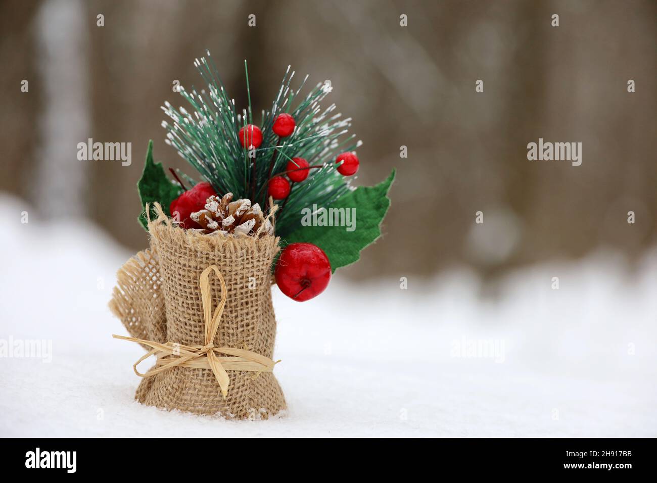 Greeting card with Christmas decorations in the snow on winter forest background. Canvas bag with New Year tree, pine cone and red berries Stock Photo