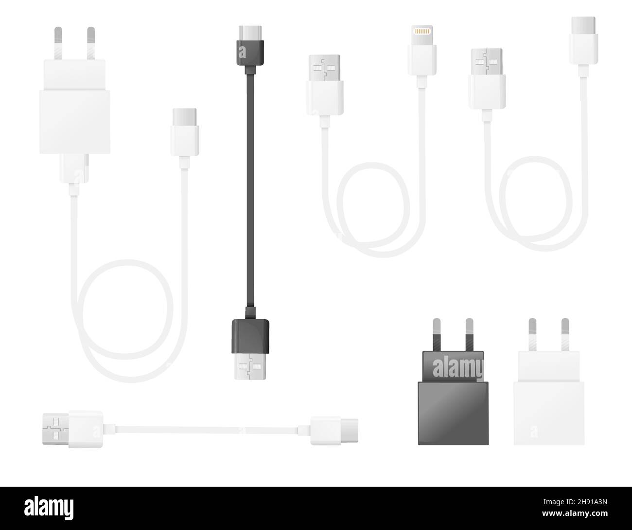 Set of cell phone usb charging plugs different types of usb standards vector illustration on white Stock Vector