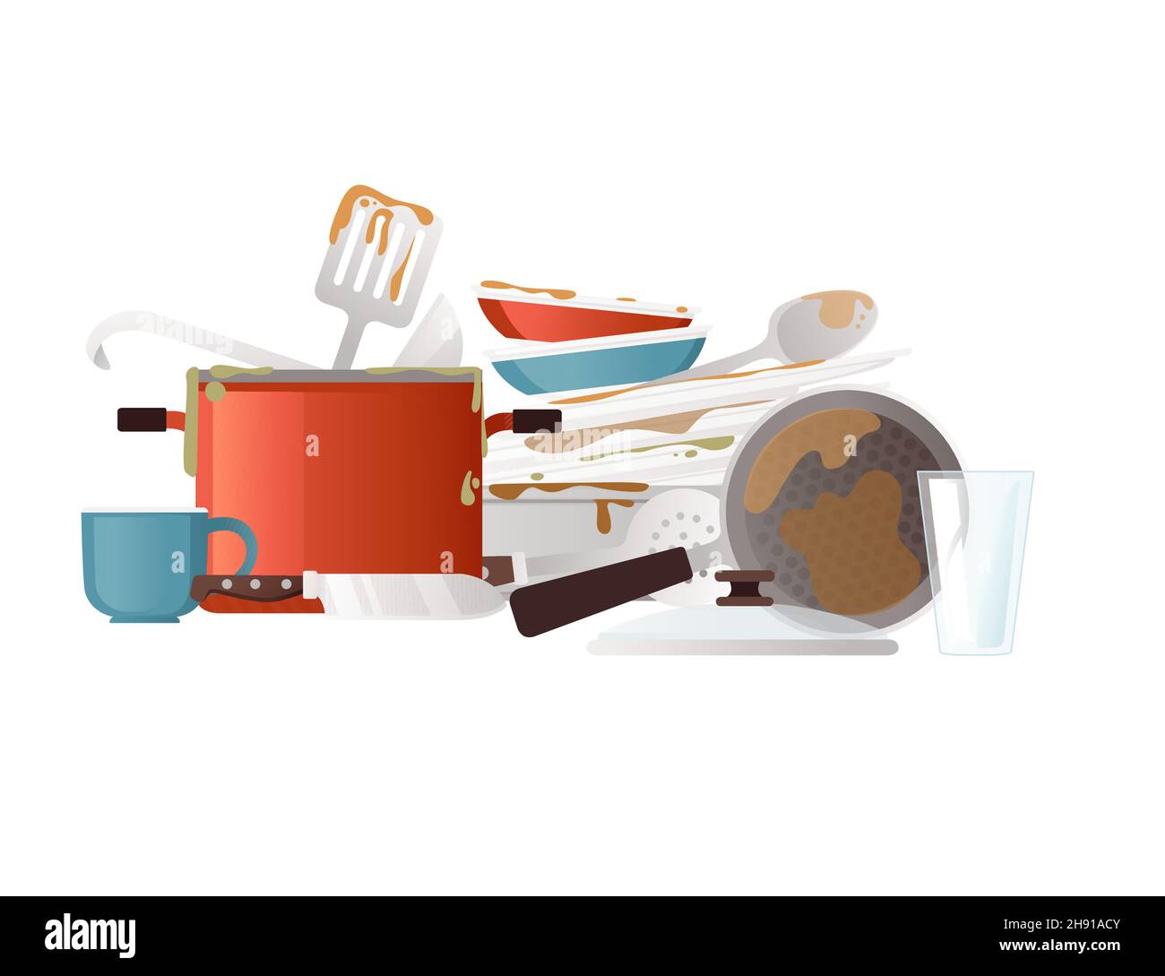 Unclean dirty stack of kitchen dishware and utensils vector illustration on white background Stock Vector