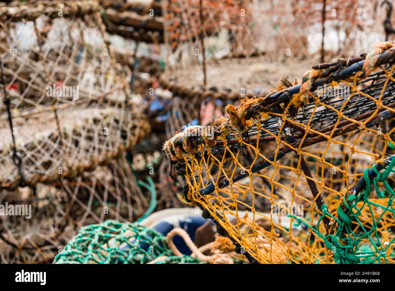 Stack of lobster traps, Torquay, Devon Stock Photo