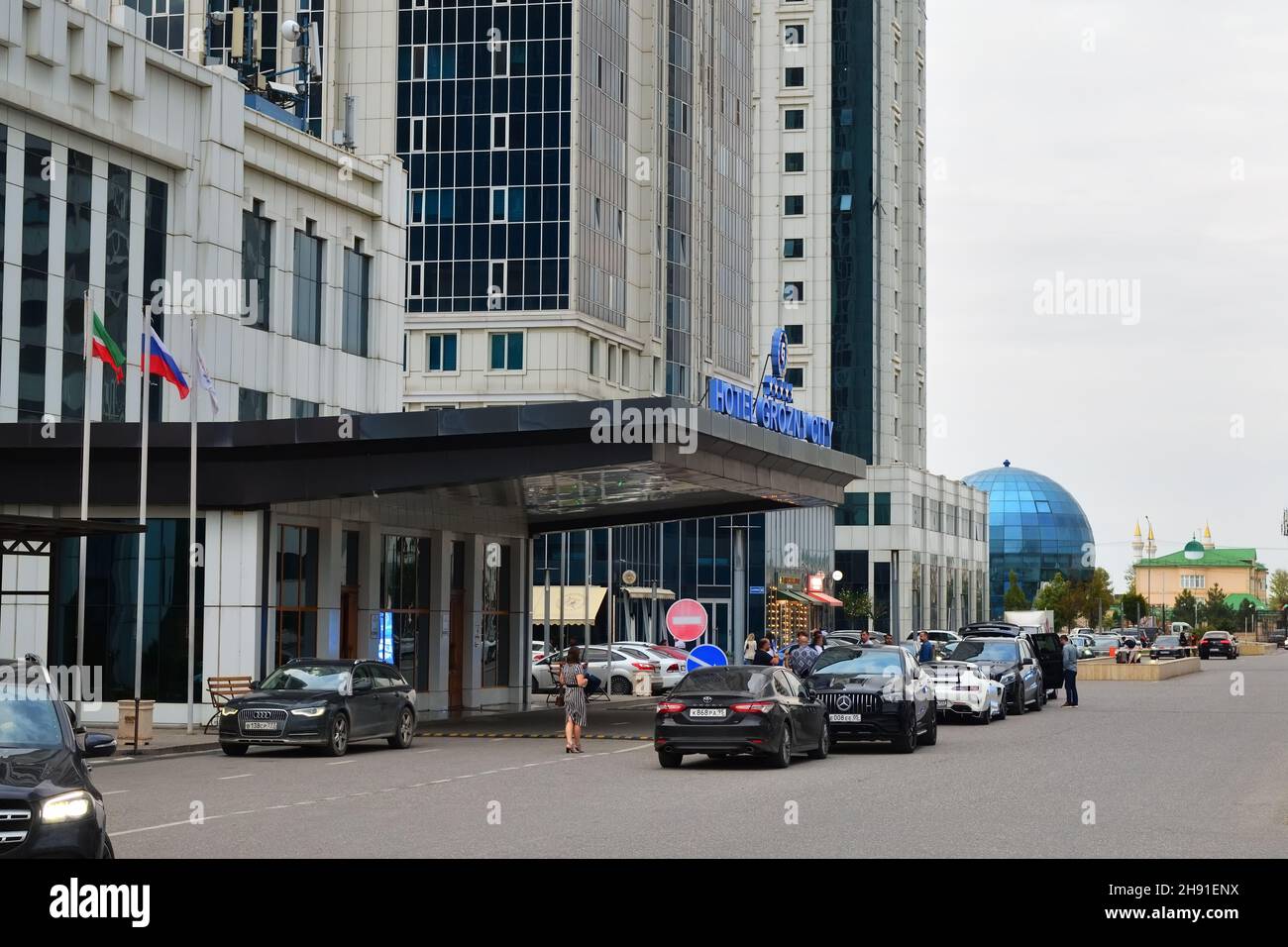Grozny, Russia - Sept 13, 2021: View on the entrance of the five-star Hotel Grozny City in the center of the capital of the Chechen Republic in the Ru Stock Photo