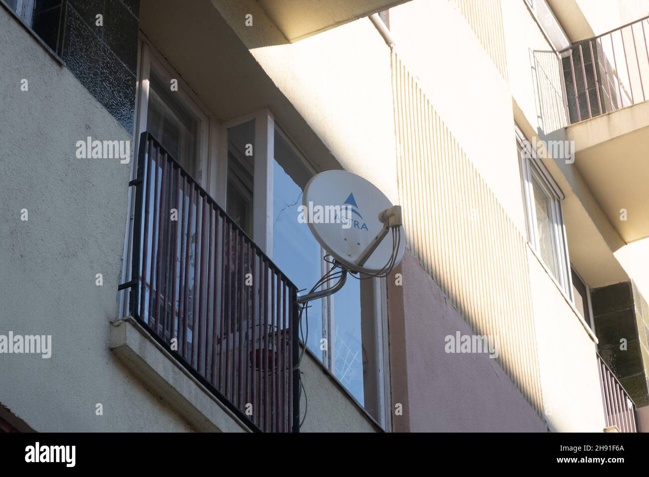 Budapest, Hungary - 1 November 2021: Astra satellite antenna for TV signal reception, Illustrative Editorial. Stock Photo