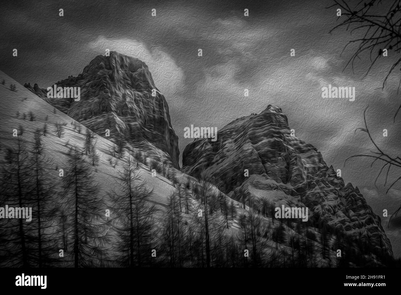 Black and white illustration with oil painting technique of Mount Pelmo Stock Photo