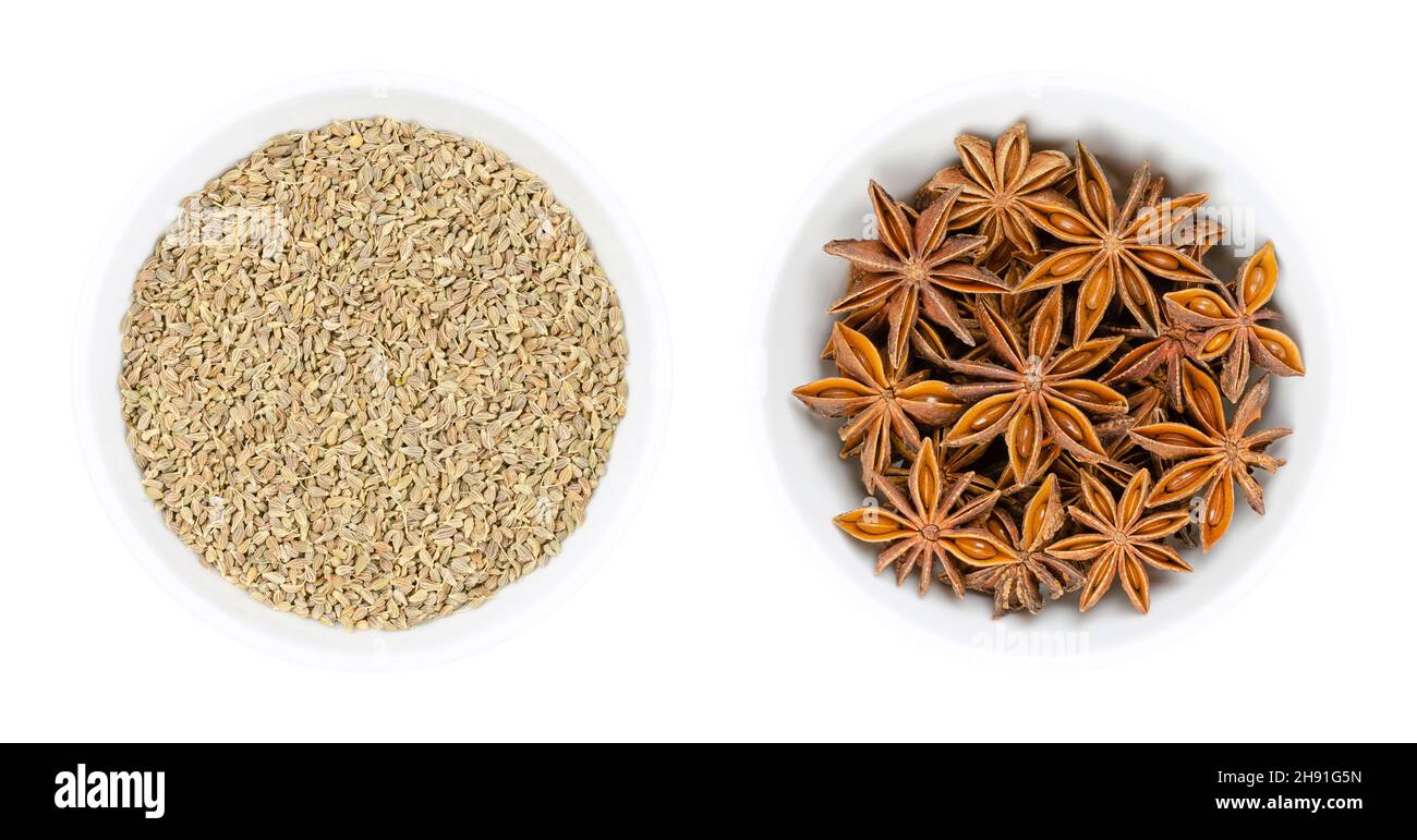 Anise and Star anise fruits and seeds, in white bowls. Pimpinella anisum, also aniseed or anix in the left bowl, and the unrelated llicium verum. Stock Photo