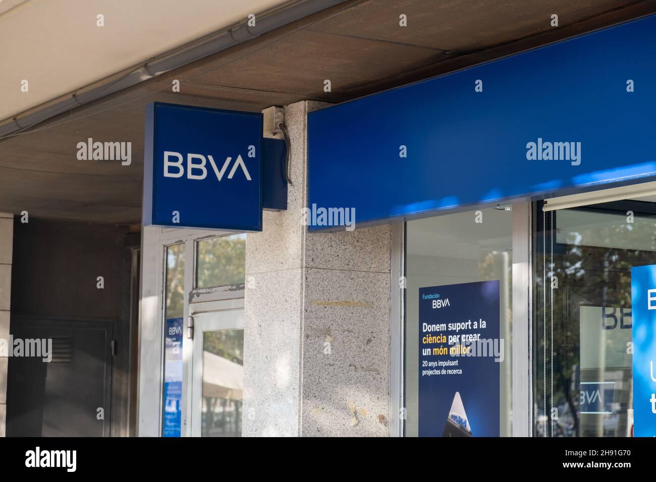 Barcelona, Spain - 5 November 2021: Banco Bilbao Vizcaya Argentaria BBVA bank sign, Illustrative Editorial. Stock Photo