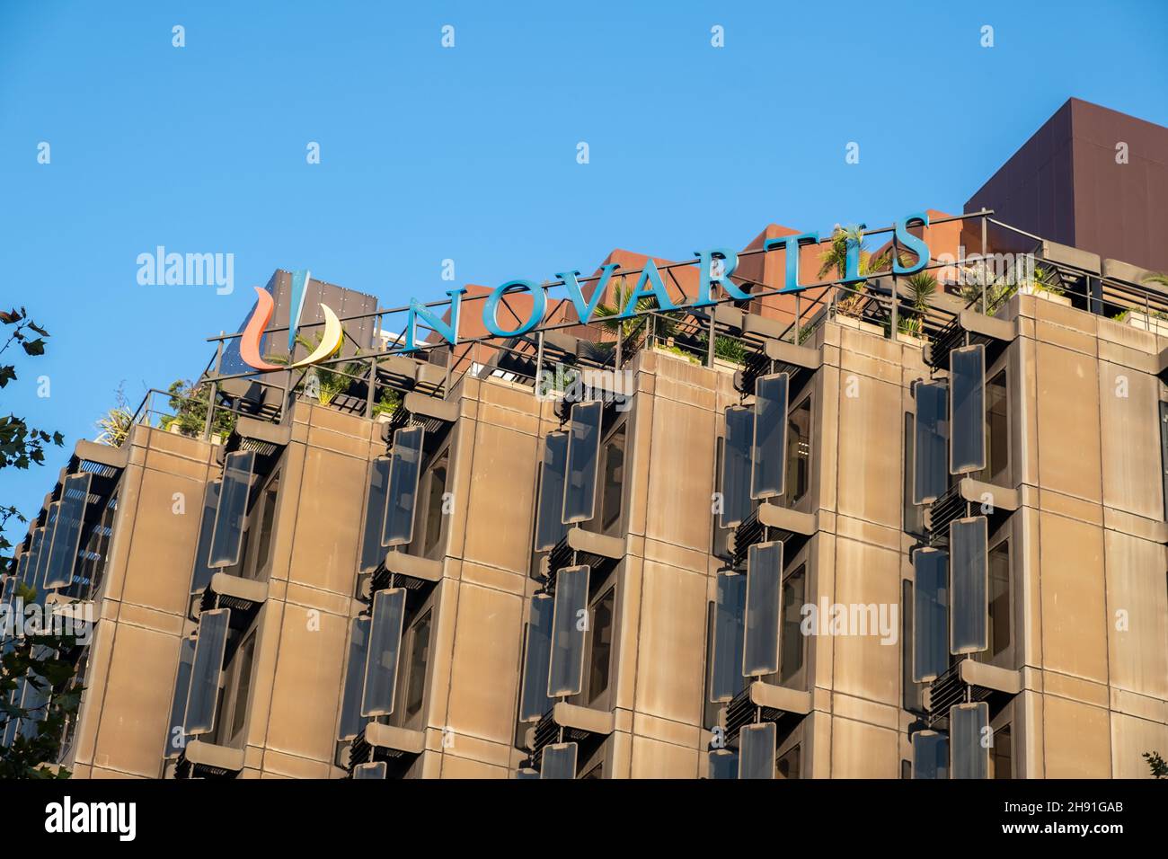 Barcelona, Spain - 5 November 2021: Novartis sign on building, Illustrative Editorial. Stock Photo