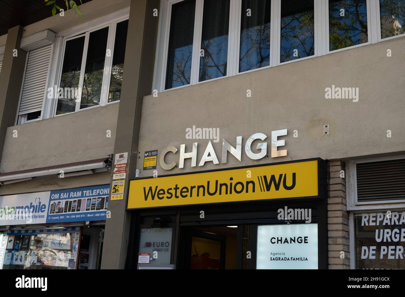 Barcelona, Spain - 5 November 2021: WesternUnion Western Union currency exchange, Illustrative Editorial. Stock Photo
