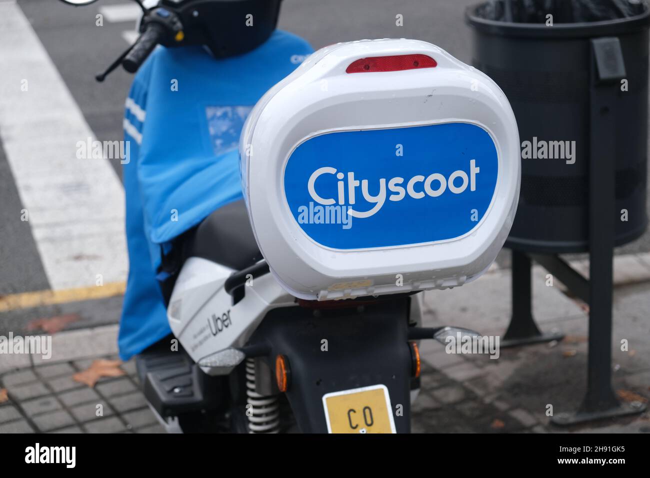 Barcelona, Spain - 5 November 2021: Cityscoot scooter on street logo, Illustrative Editorial. Stock Photo