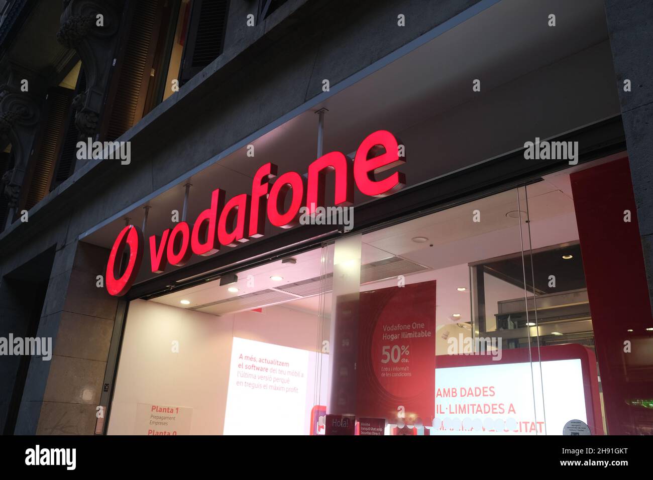 Barcelona, Spain - 5 November 2021: Vodafone signboard outdoor sign, Illustrative Editorial. Stock Photo