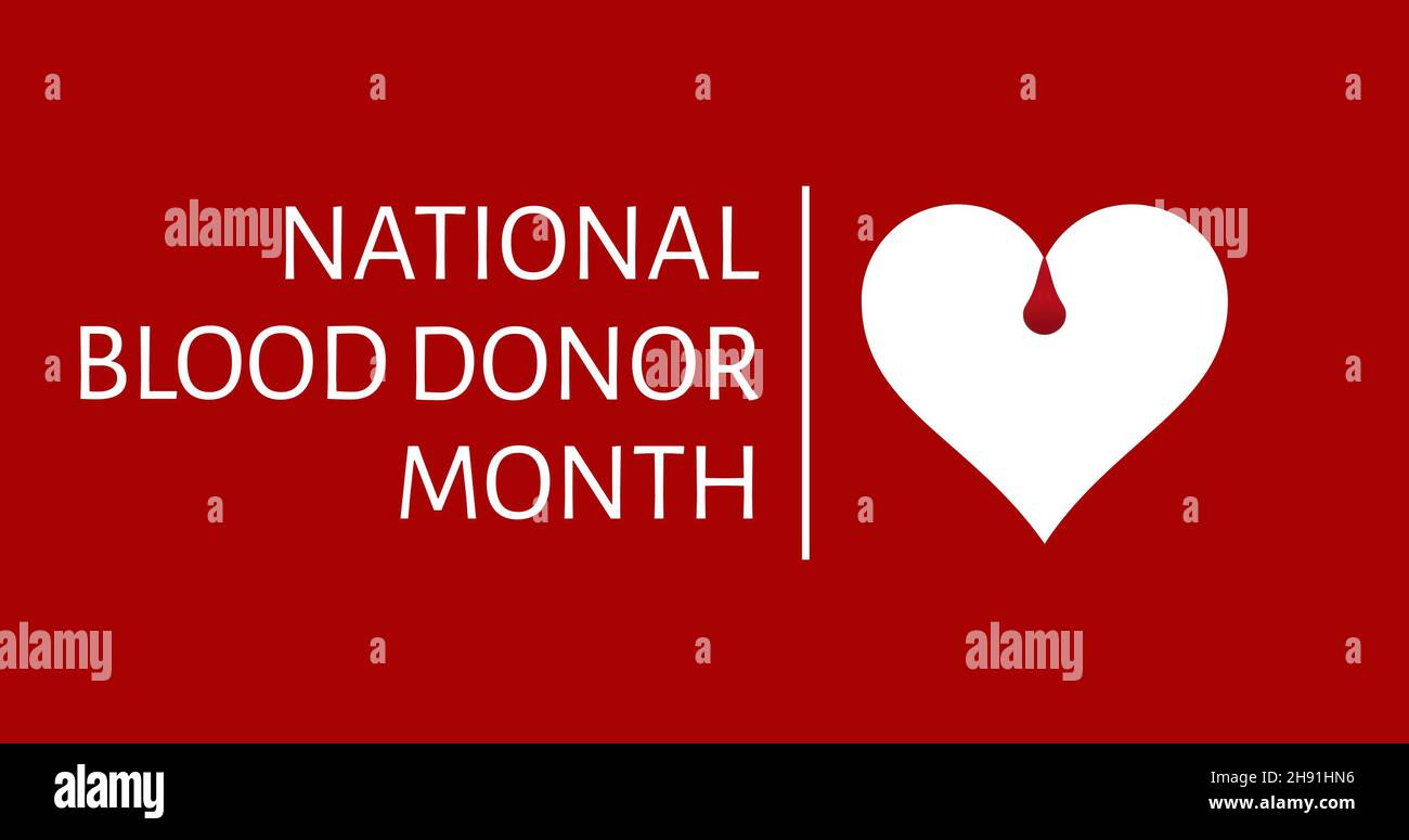 Digital composite image of national blood donor month text with heart shape symbol on red background Stock Photo