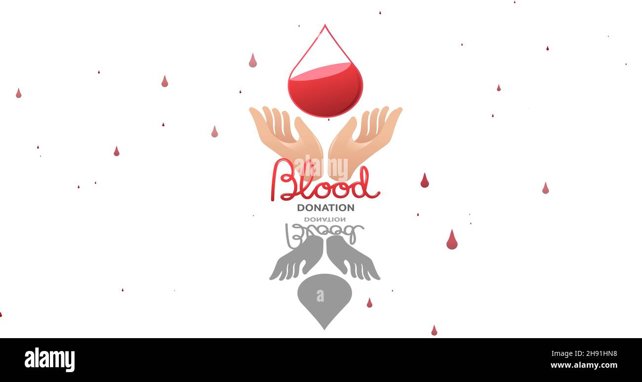 Digital composite of hands catching blood drop with donation text on abstract white background Stock Photo