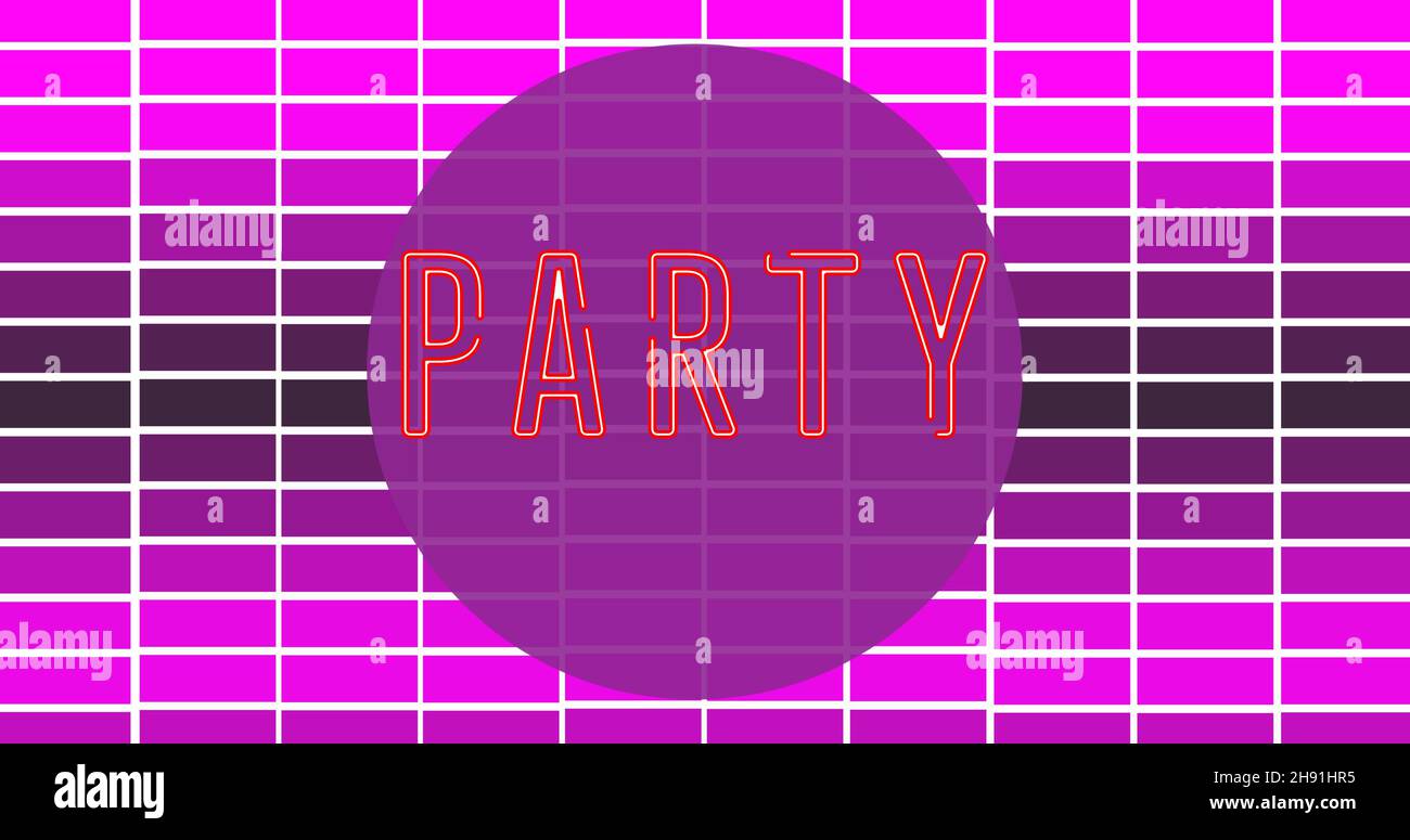 Vector image of party text with grid pattern and copy space over pink ...