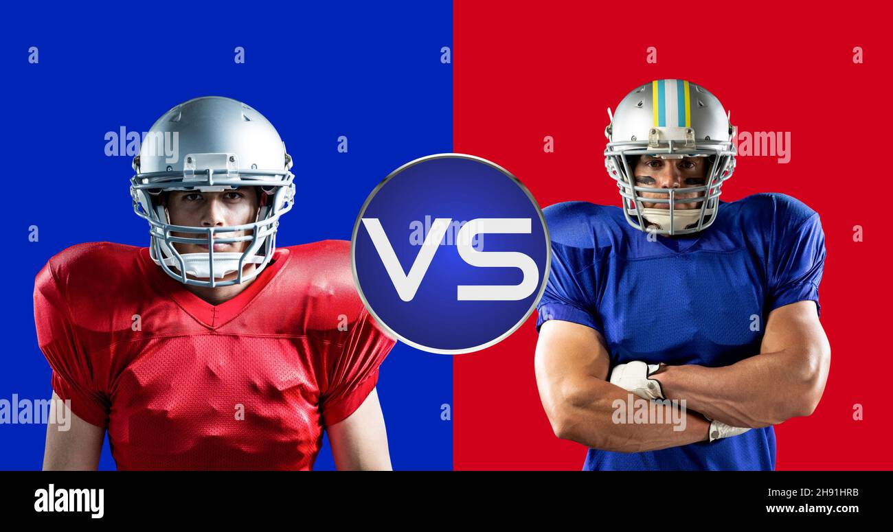 Portrait of confident male american footballers wearing helmets against