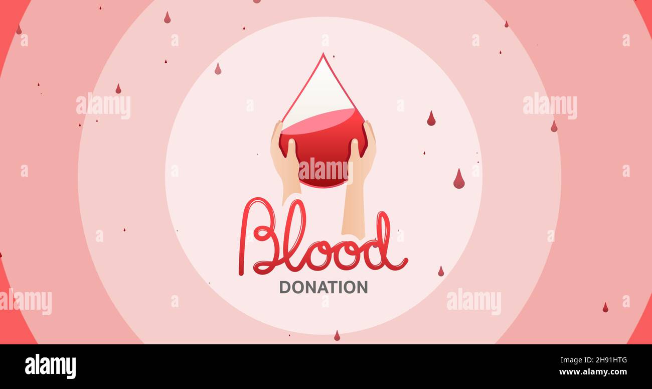 Digital composite image of blood donation with hands holding drop against abstract pink background Stock Photo