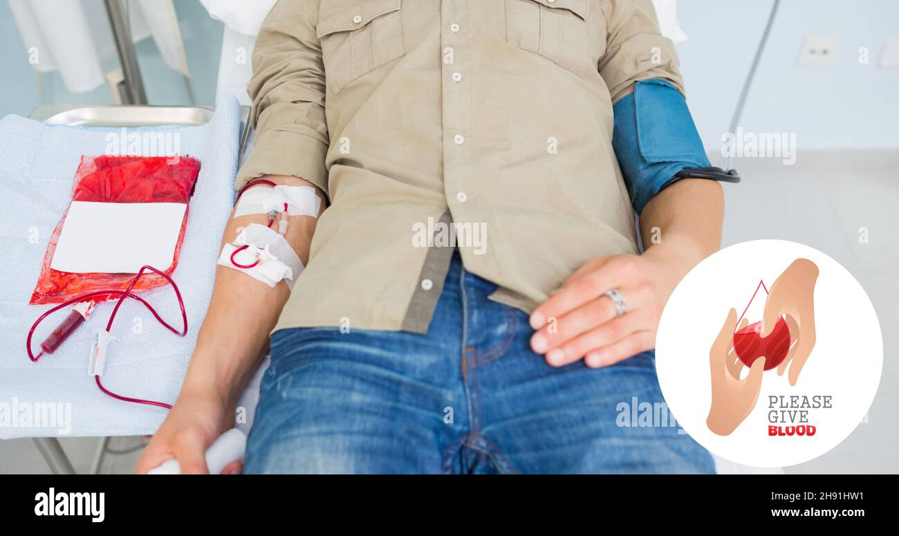 Midsection of man donating blood at hospital by please give blood symbol Stock Photo