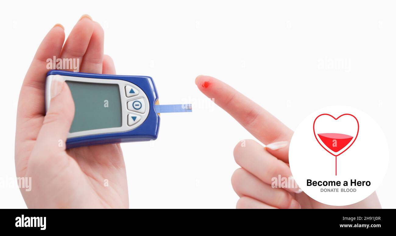 Cropped hands with glucometer by become a hero text and heart shape symbol on white background Stock Photo