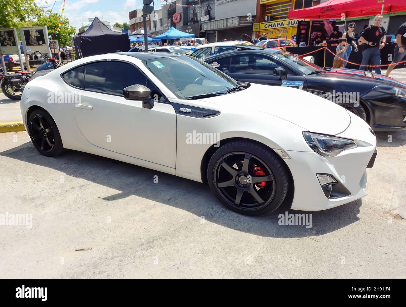 BUENOS AIRES, ARGENTINA - Nov 08, 2021: Shot of a sporty white coupe Toyota GT 86 - Subaru BRZ - Scion FRS. Expo Warnes 2021 classic car show. Stock Photo