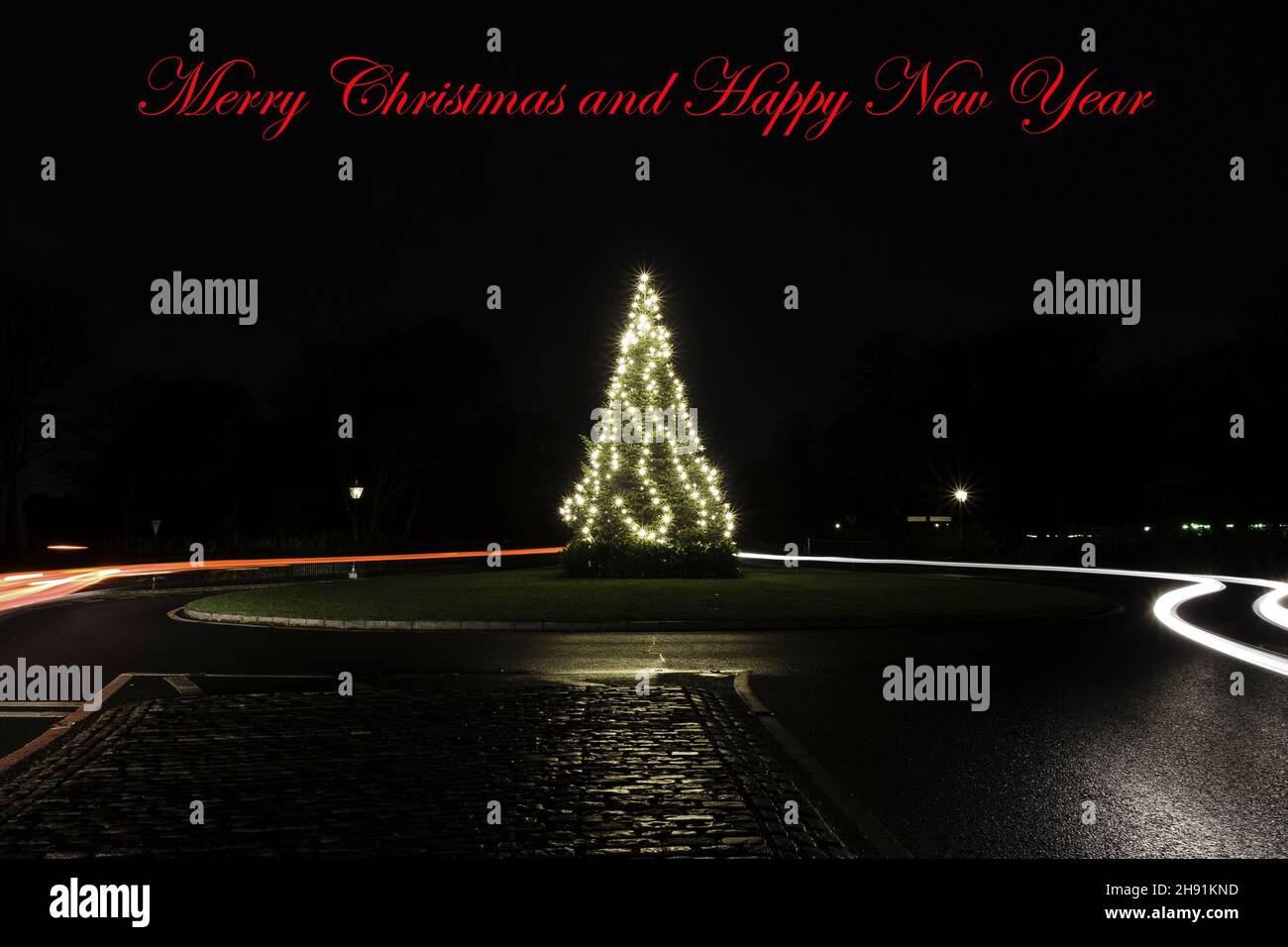 Merry Christmas ans Happy New Year post card, Christmas tree in the Park, Decorated with lights and light trails around Stock Photo