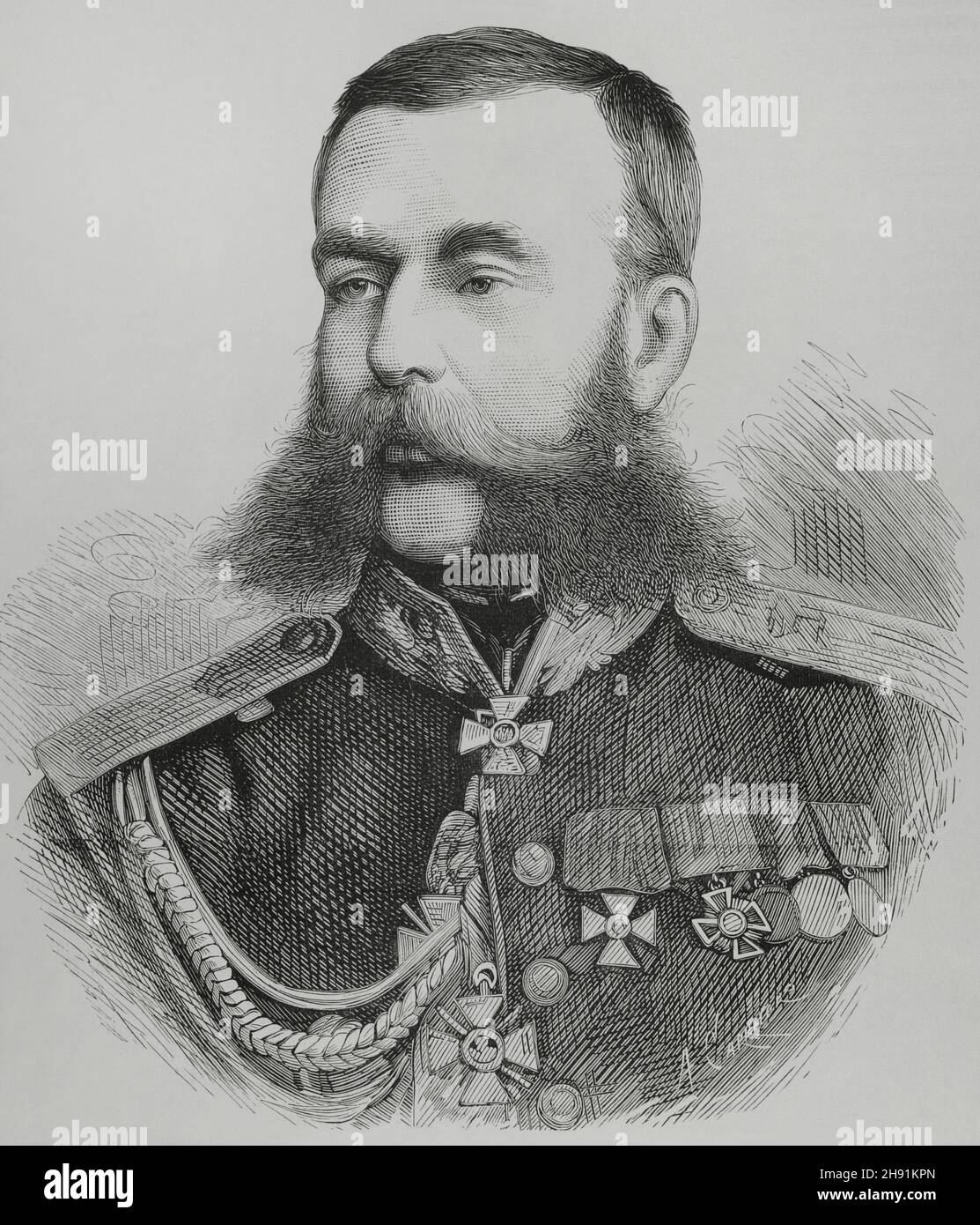 Mikhail Skobelev (1843-1882). Russian general famous for his conquest of Central Asia and heroism during the Russo-Turkish War of 1877-1878. Portrait. Engraving by Arturo Carretero. La Ilustración Española y Americana, 1882. Stock Photo