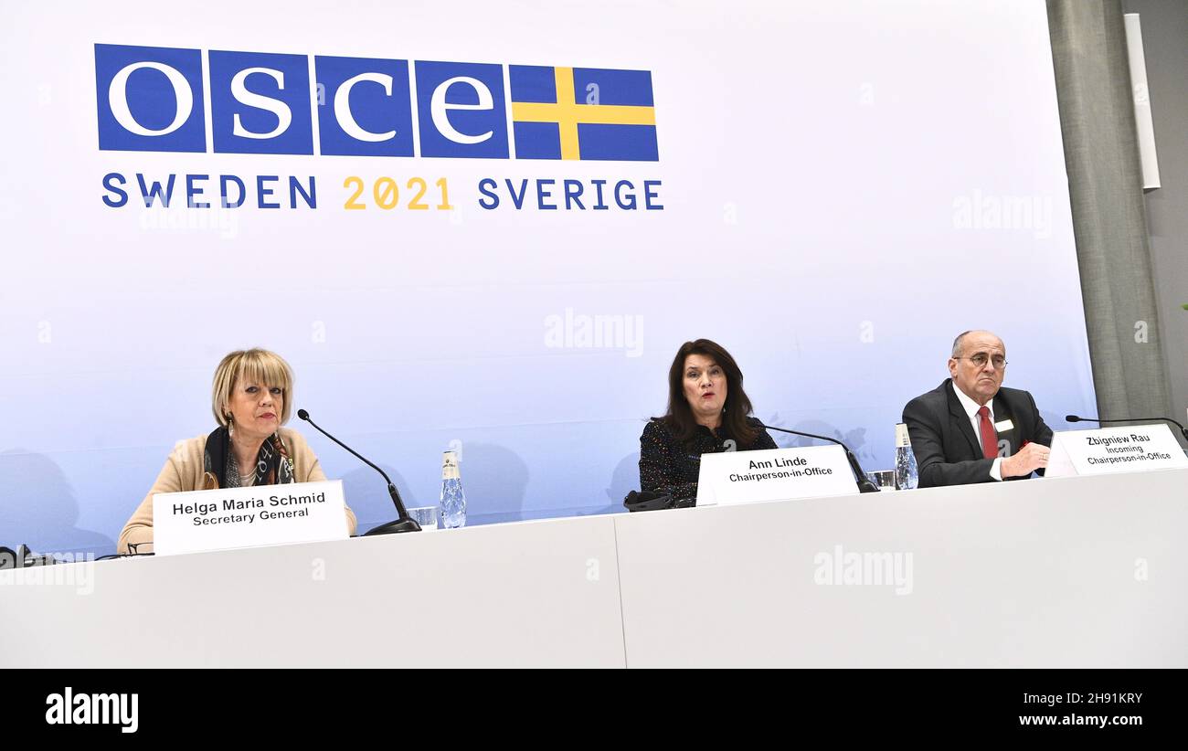 Secretary General of the Organization for Security and Co-operation in Europe Helga Maria Schmid, Sweden's Minister of Foreign Affairs and Chairperson in Office Ann Linde and Poland's Minister of Foreign Affairs and Incoming Chairperson in Office Rau Zbigniew during the final press conference during a ministerial meeting of the Organisation for Security and Cooperation in Europe (OSCE) on December 3, 2021 in Stockholm, Sweden. Photo Claudio Bresciani / TT kod 10090 Stock Photo