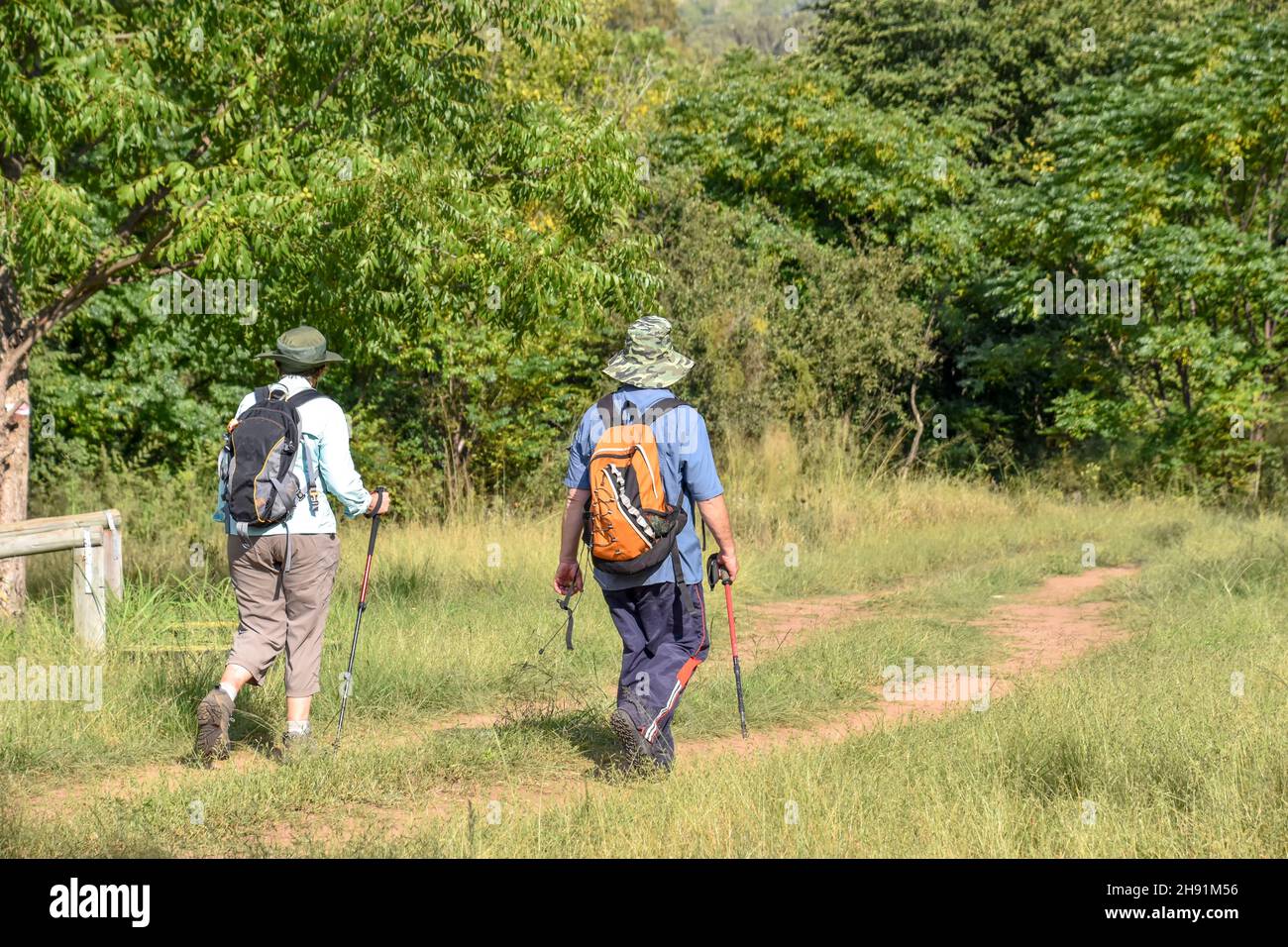 Hikers on a dirt road in the Trichardspoort River Valley, Gouwsberg Mountain Range in the vicinity of Bronkhorstspruit east of Pretoria South Africa Stock Photo
