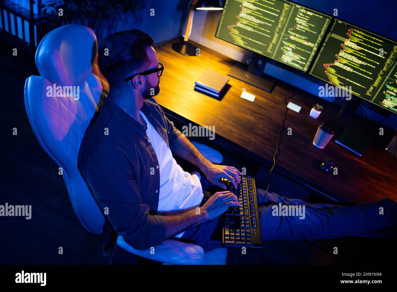 Profile photo of skilled smart guy sit chair typing testing network