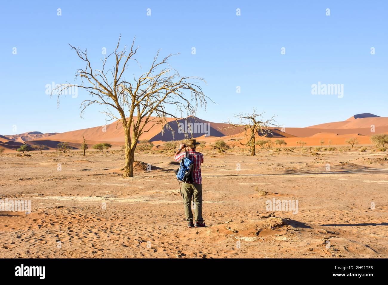 Male tourist taking photos near the famous sand dunes in the Namib-Naukluft park area in Namibia Southern Africa Stock Photo