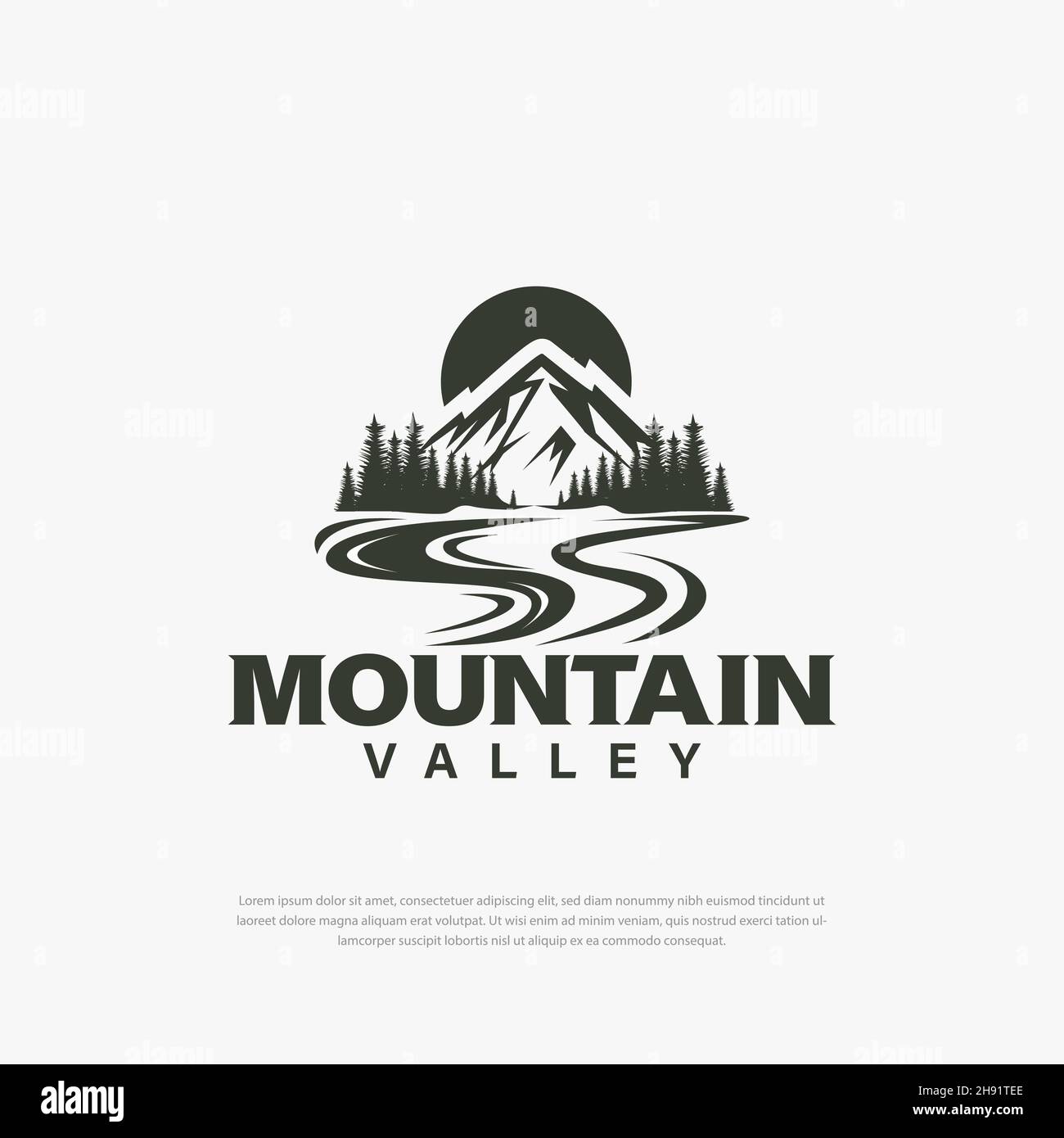 Simple logo design mountain peaks and valleys, rivers, trees templates, mountain logo illustrations Stock Vector
