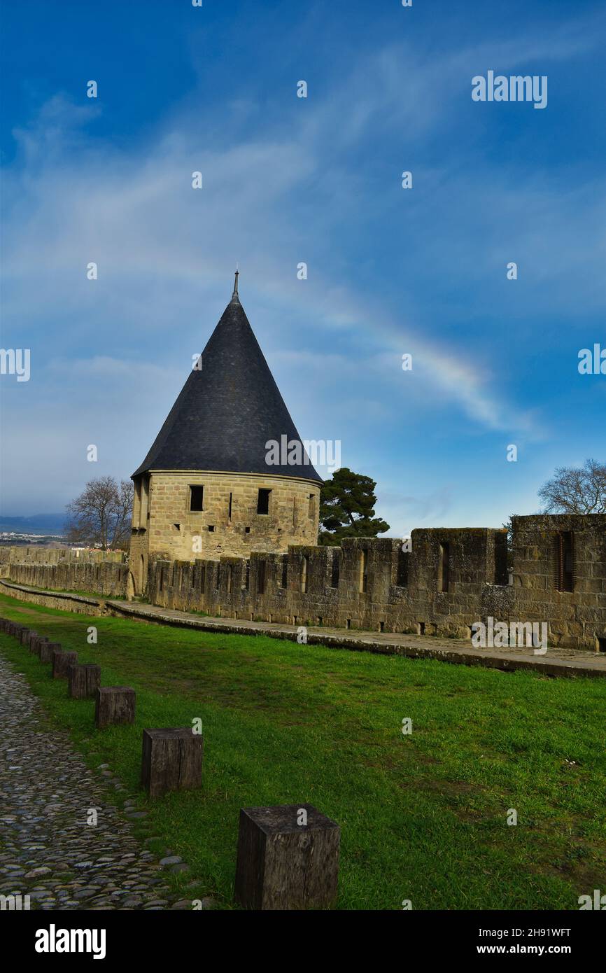 Rainbow on the castle, Carcassonne, a medieval city, South of France Stock Photo