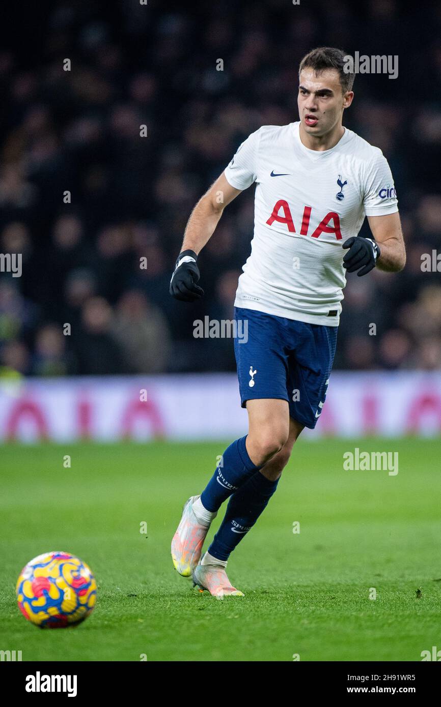LONDON, ENGLAND - DECEMBER 02: Sergio Reguilón of Tottenham Hotspur control ball during the Premier League match between Tottenham Hotspur  and  Brent Stock Photo