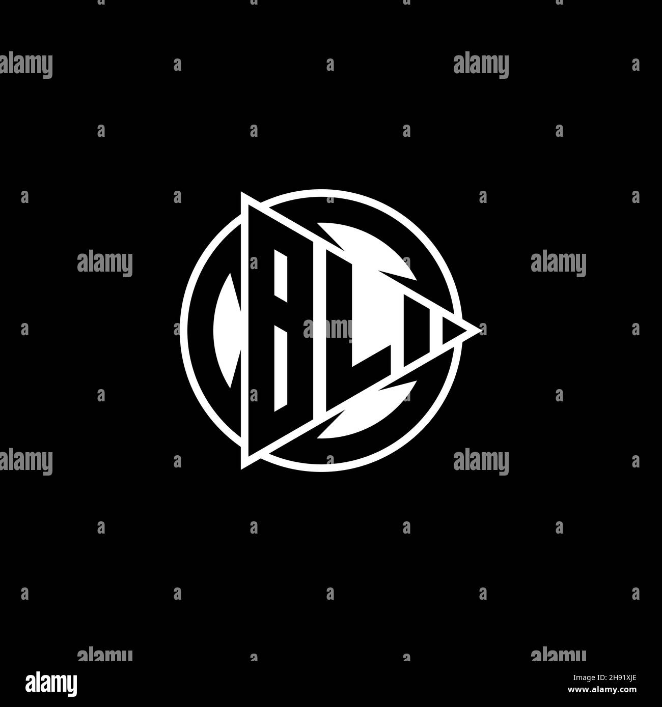BL Monogram logo letter with triangle play button shape hexagonal rounded. Triangle circle monogram logo, triangle shield logo letter. Stock Vector