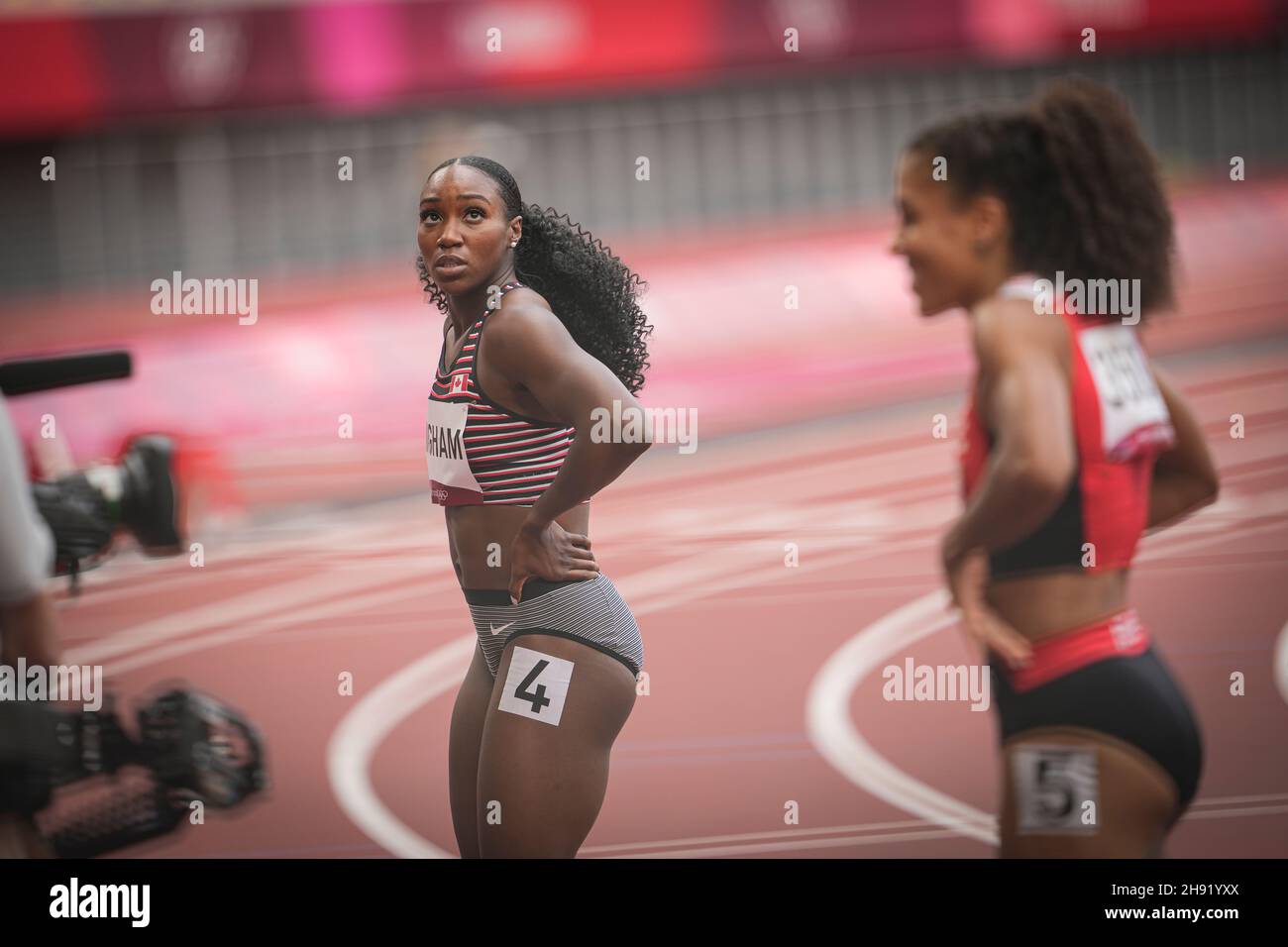 Khamica Bingham competing in the 100 meters of the Tokyo 2020 Olympic
