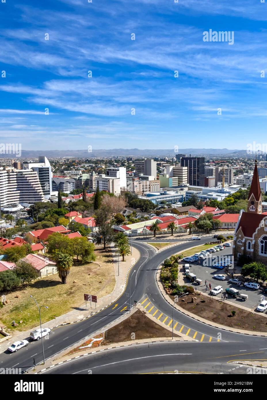 An aerial view of the center of Windhoek the capital of Namibia in Southern Africa on a beautiful bright sunny day against a blue sky Stock Photo