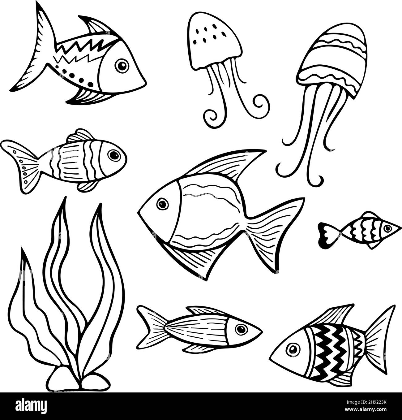 Set of black and white fishes in doodle ink style. Hand drawn