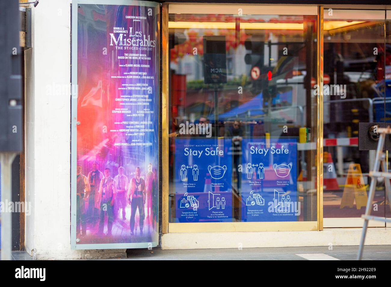 Instructions of health measures are seen in the window of a theatre in central London ahead of the next stage of lockdown easing. Stock Photo
