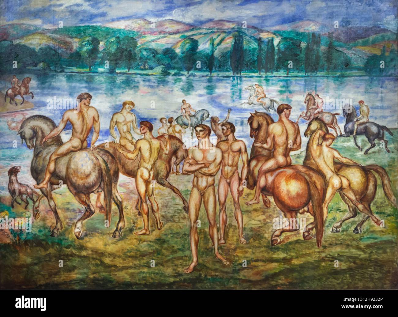 Painting 'Riders on the Shore' by Hungarian modernist painter Károly Kernstok (1910) on displаy in the Hungаrian Nаtional Gаllery (Mаgyar Nеmzeti Gаleria) in Budаpest, Hungаry. Stock Photo