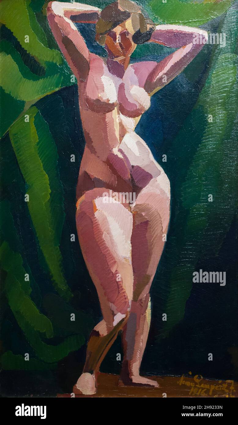 Painting 'Standing Female Nude from the Front' by Hungarian modernist painter József Nemes-Lampérth (1916) on displаy in the Hungаrian Nаtional Gаllery (Mаgyar Nеmzeti Gаleria) in Budаpest, Hungаry. Stock Photo