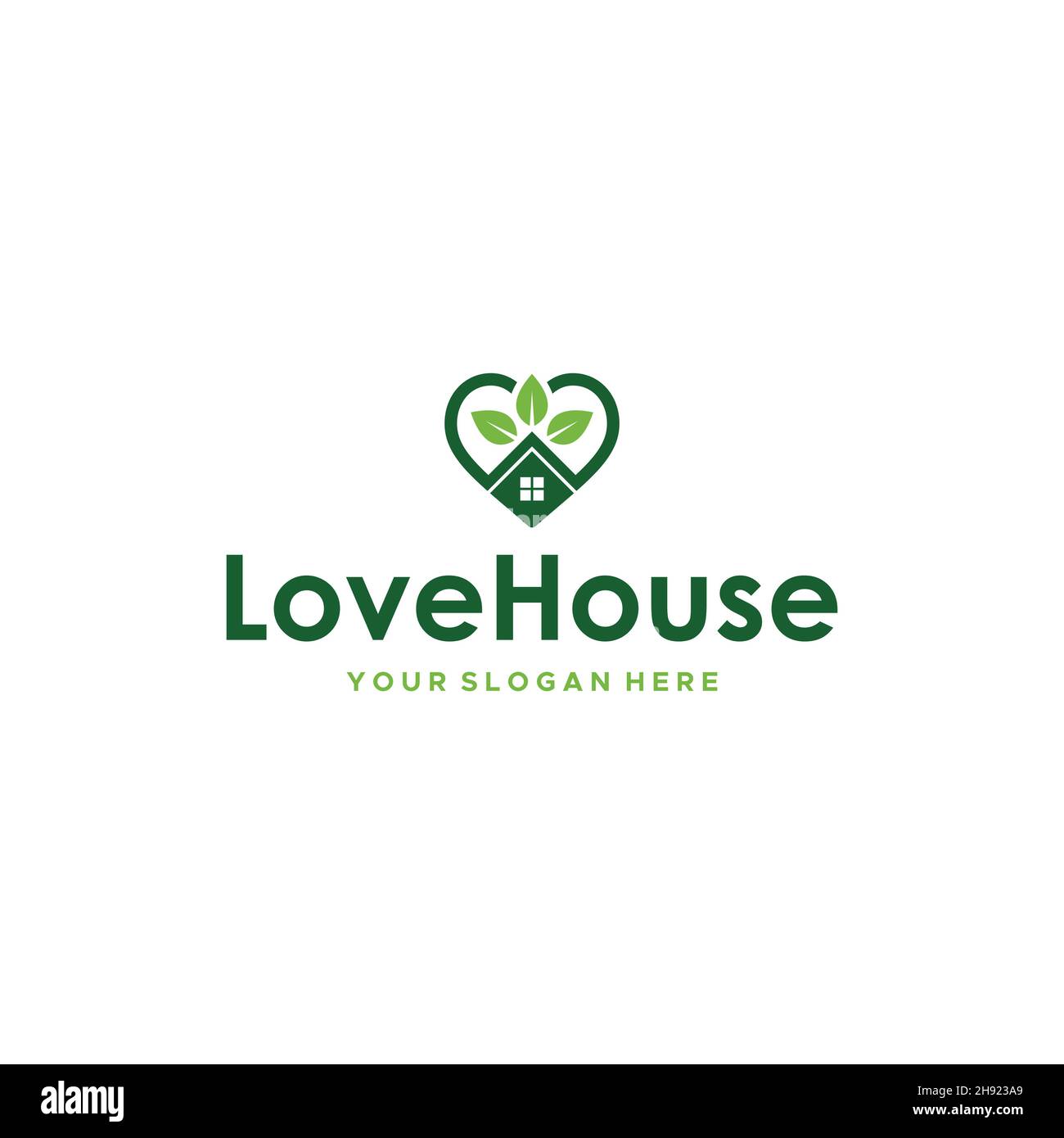 flat LoveHouse building roof leaves Logo design Stock Vector