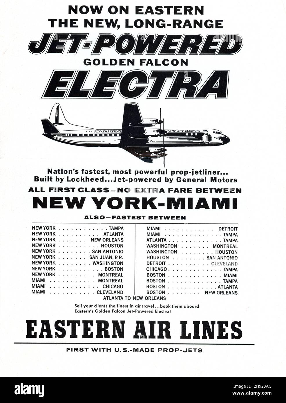 March 1959, full-page advert for travel agents' trade magazine, for Eastern Air Lines' new 'jet-powered' Lockheed Electra airliner. New York to Miami winter service. Eastern operated between 1926 and 1991. Stock Photo