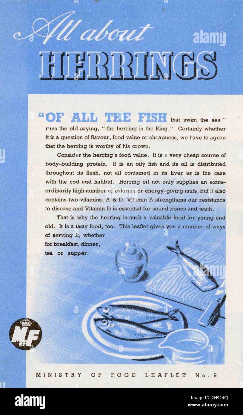Original 1940s UK Minsitry of Food information leaflet No.9 : 'All about herrings'.  Revised February 1947 edition. Advice for civilians how to make the best of their rations. Rationing in the UK only ceased in 1954. Stock Photo