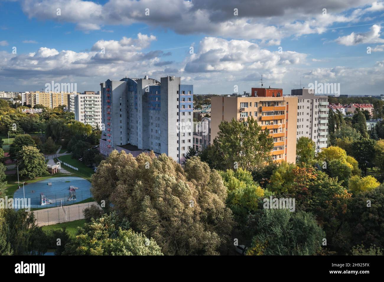 Residential buildings on the edge of Wlochy and Ochota districts of Warsaw city, Poland Stock Photo