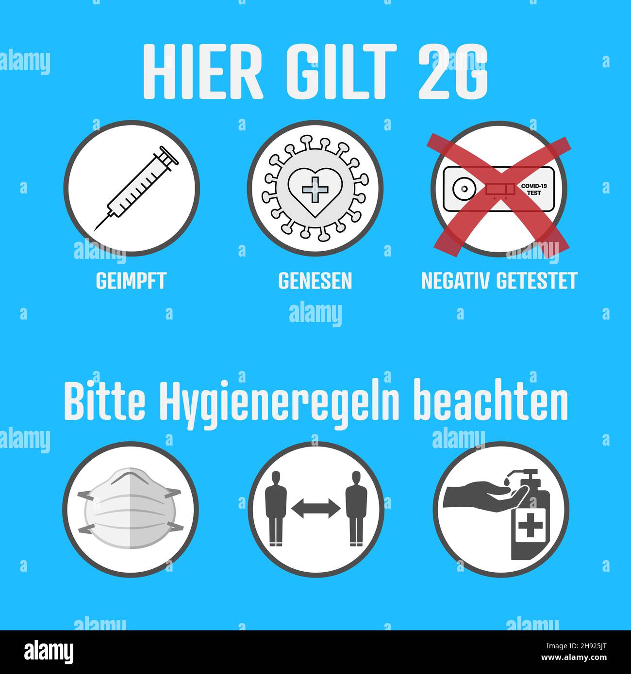 Covid-19 2G rules and hygiene measures sign in German language, access only for vaccinated (GEIMPFT) and recovered (GENESEN) persons, vector Stock Vector