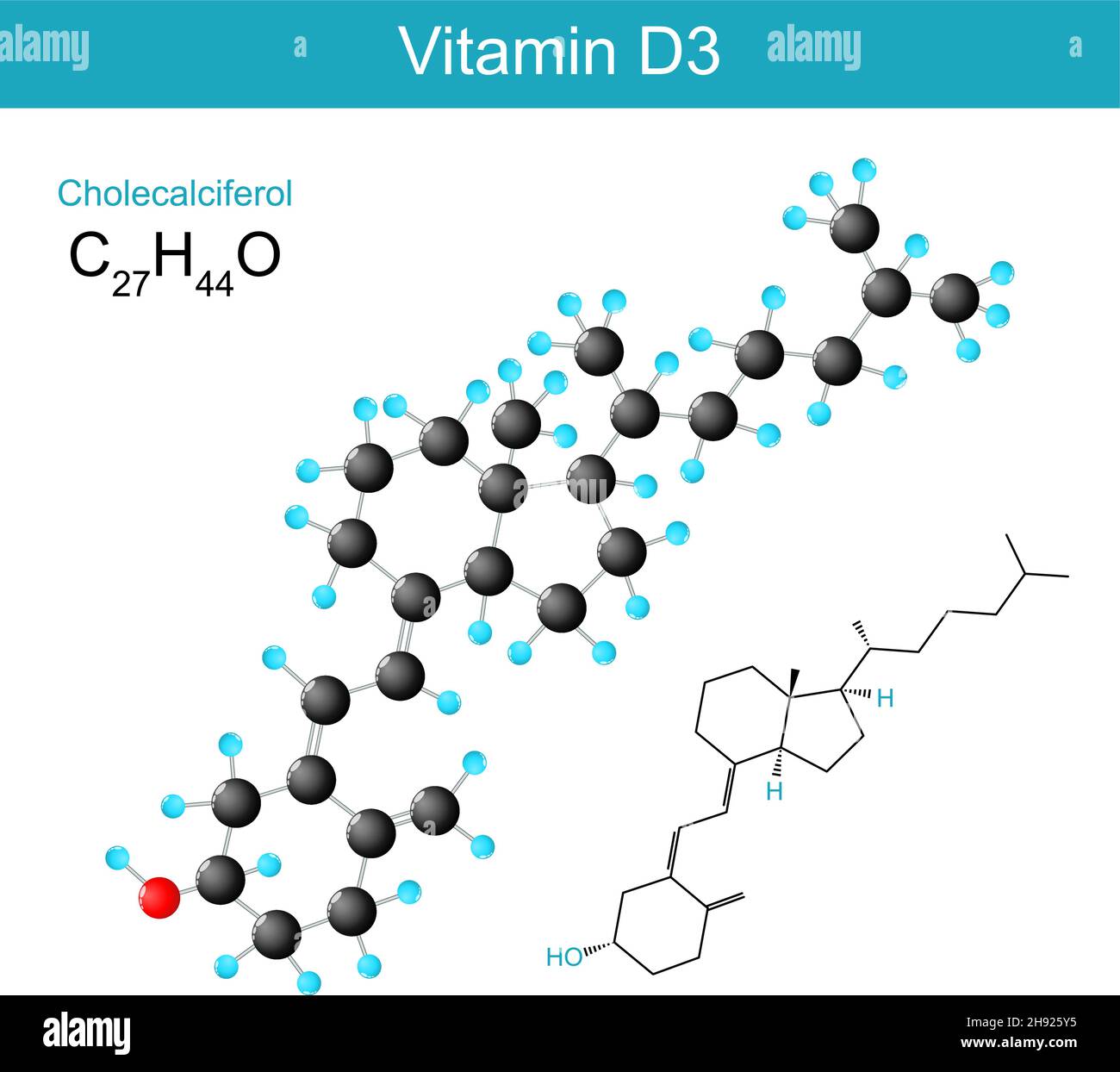 vitamin D3. Cholecalciferol molecular chemical structural formula and model of a type of vitamin D. Vector illustration Stock Vector