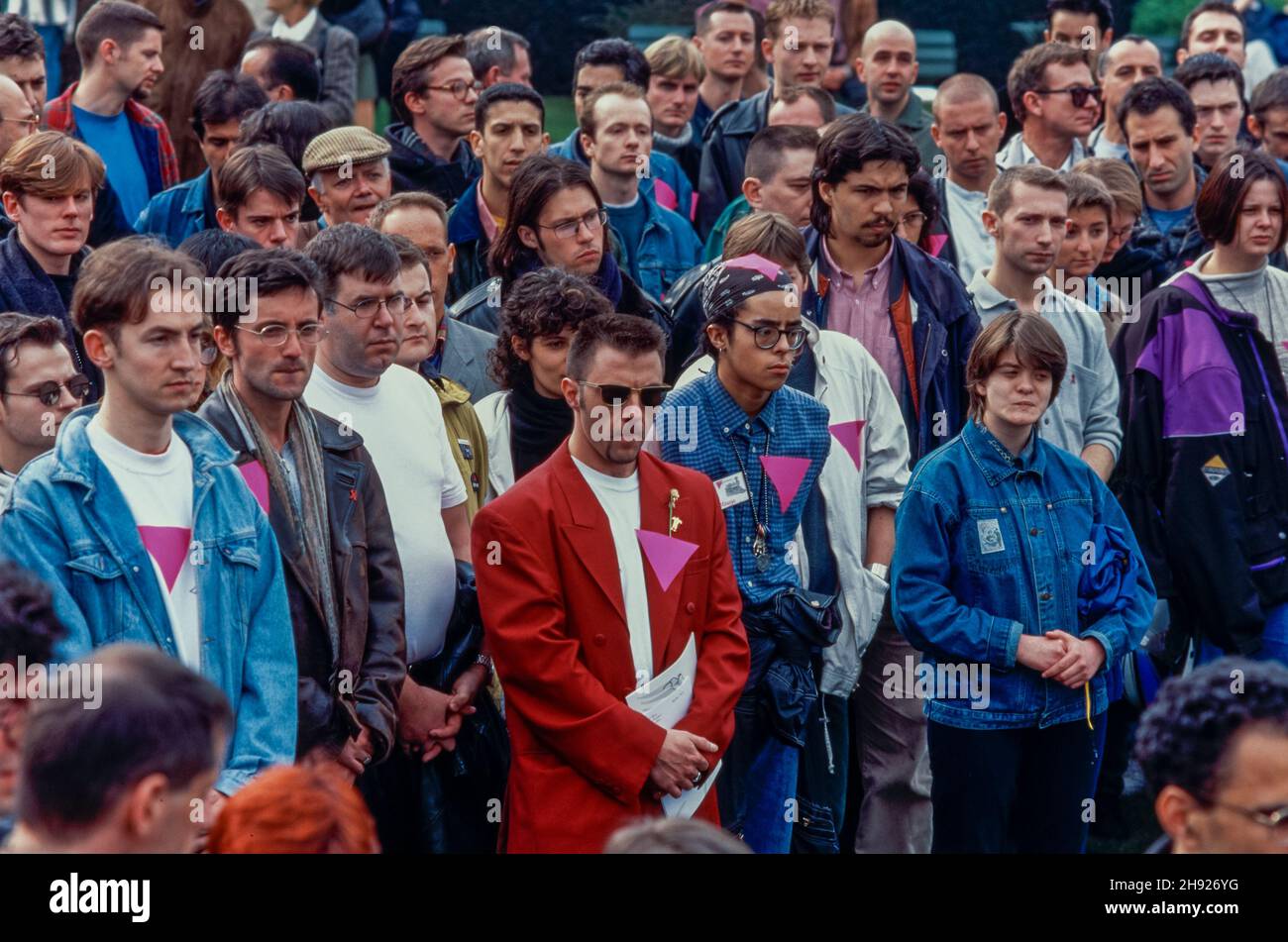 Paris, France, young lesbians and gay men at Memorial Ceremony Homosexuel Deportation, April, 1996, crowd from above, WWII AND pink triangle, gay protest vintage Stock Photo