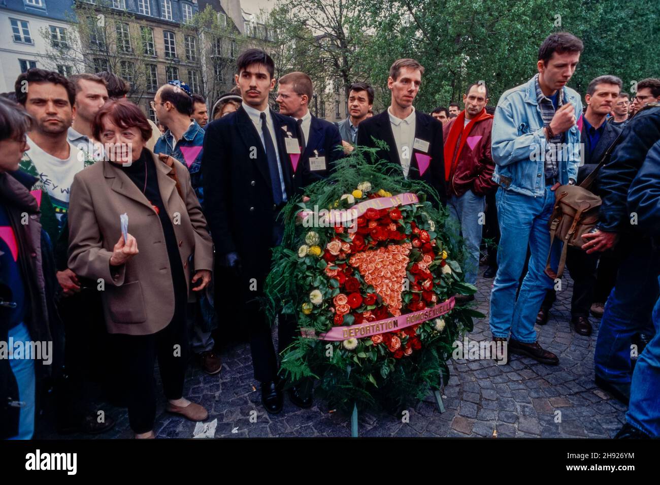 Paris, France, Crowd Gay Men, Memorial Ceremony Homosexuel Deportation, WWII AND pink triangle, April, 1996, violence against gay men, gay protest vintage Stock Photo