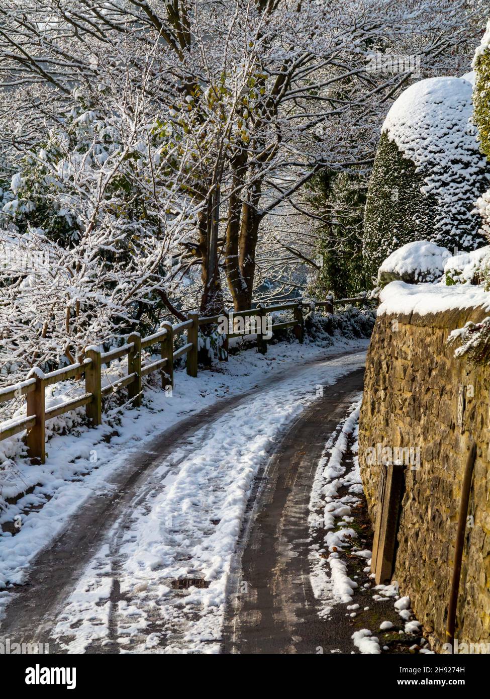 Snow covered road with trees at Matlock Bath in the Derbyshire Peak District England UK with tyre tracks visible in the snow. Stock Photo