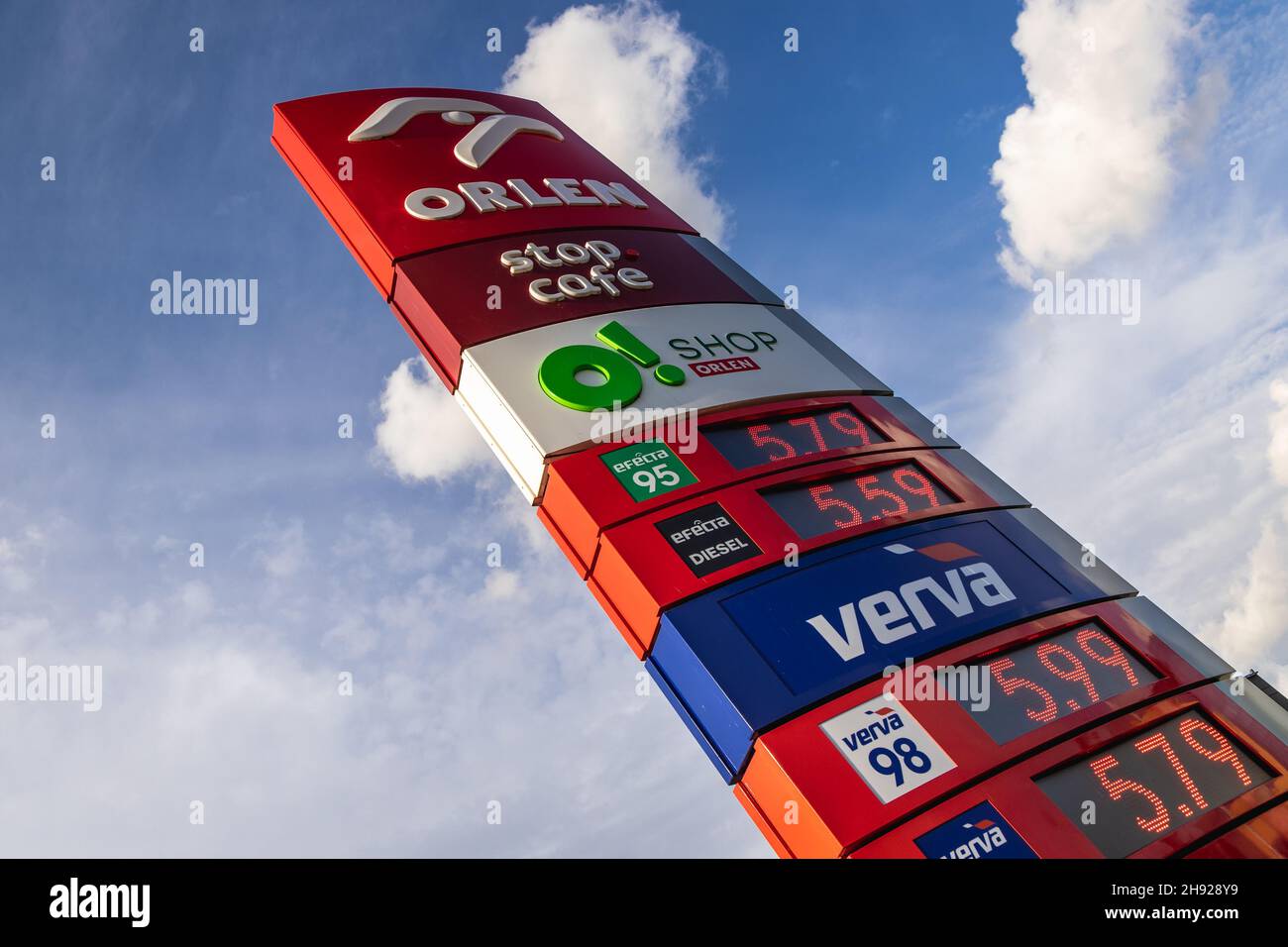 Sign with gas prices on Orlen petrol station of PKN Orlen company in Warsaw, capital of Poland
